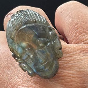 Labradorite Hand Carved Ring with Inca Face | NWT